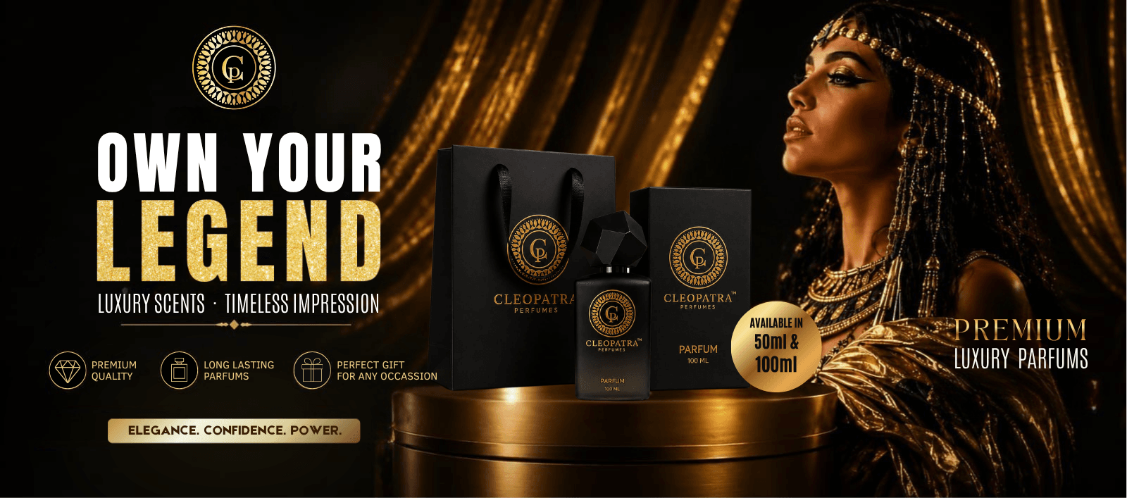 Cleopatra Perfumes parfum set with Cleopatra and Egyptian themed background